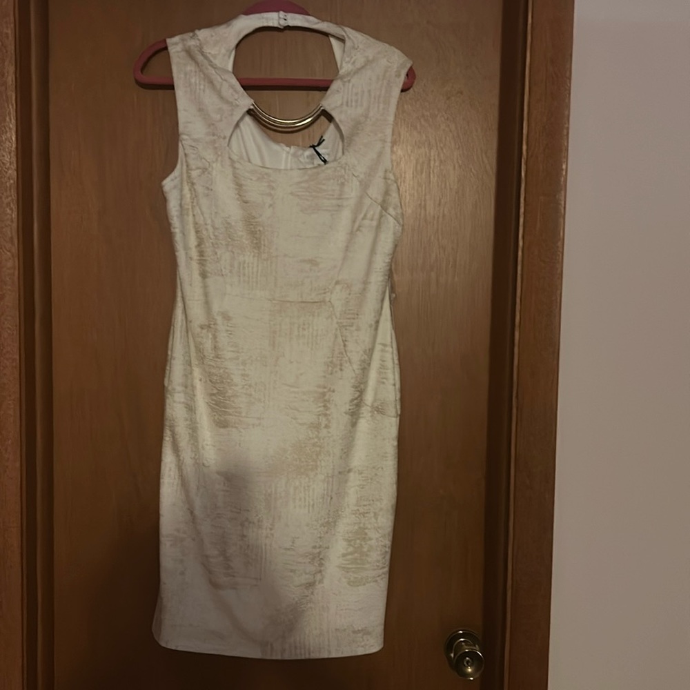 Red dress with gold neck choker attached.